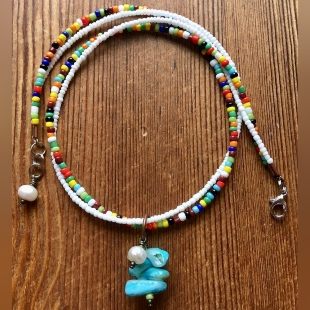 Ladies Double Strand Beaded Necklace, White/Multi-Color Handmade Ladies Necklace